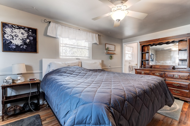 bedroom with a ceiling fan and wood finished floors