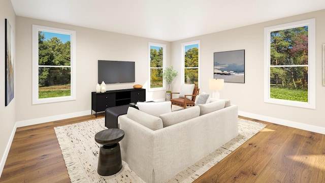 living area featuring baseboards and wood finished floors