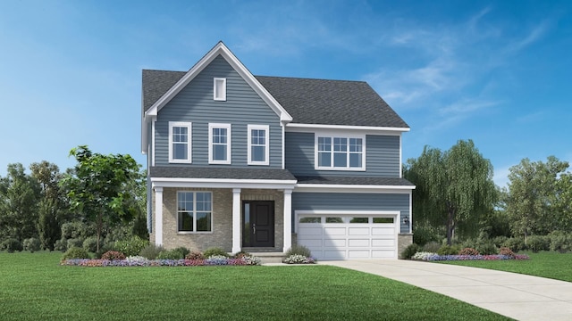 traditional-style home featuring a garage, concrete driveway, a front yard, and a shingled roof