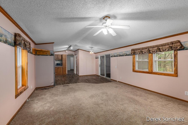 carpeted empty room with a ceiling fan, baseboards, lofted ceiling, a textured ceiling, and crown molding