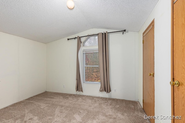 additional living space with vaulted ceiling, carpet flooring, and a textured ceiling