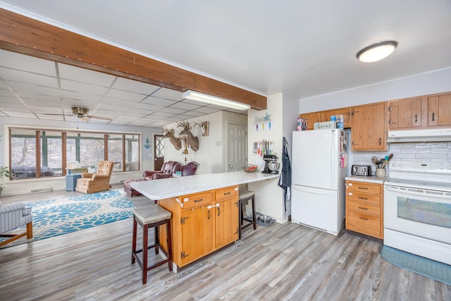 kitchen with light wood finished floors, under cabinet range hood, light countertops, a peninsula, and white appliances