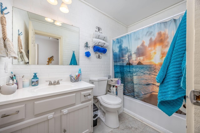 bathroom with toilet, shower / tub combo with curtain, tile patterned flooring, decorative backsplash, and vanity