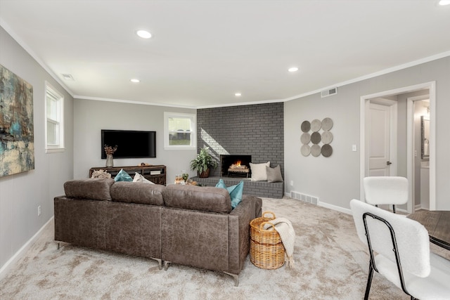 living room with light carpet, visible vents, and plenty of natural light