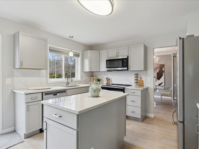 kitchen with a kitchen island, a sink, decorative backsplash, appliances with stainless steel finishes, and light wood-type flooring