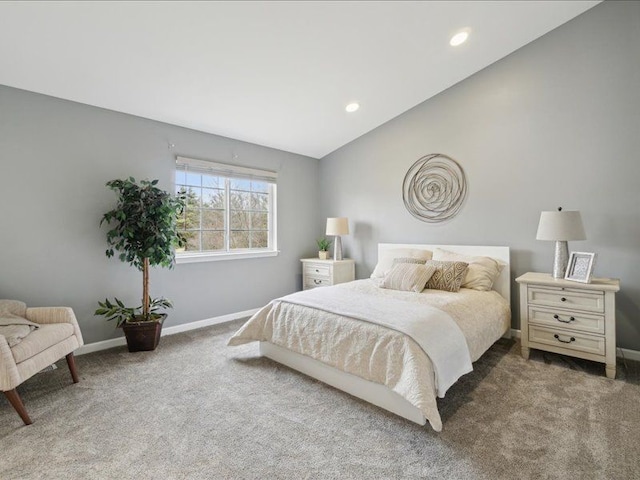 bedroom with recessed lighting, baseboards, lofted ceiling, and carpet flooring