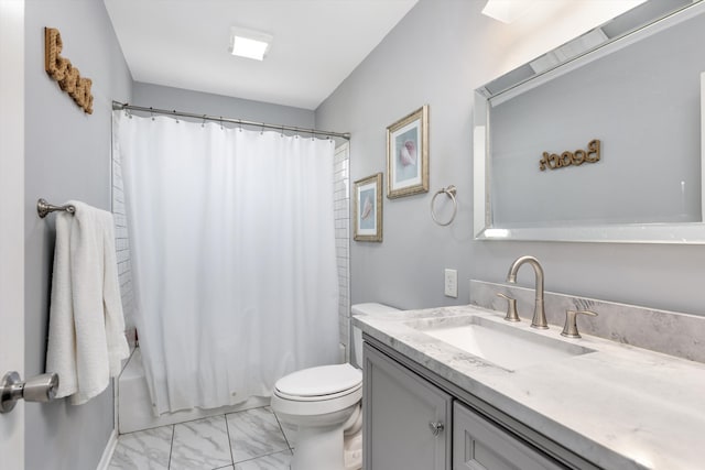 full bathroom with shower / bath combination with curtain, marble finish floor, toilet, and vanity