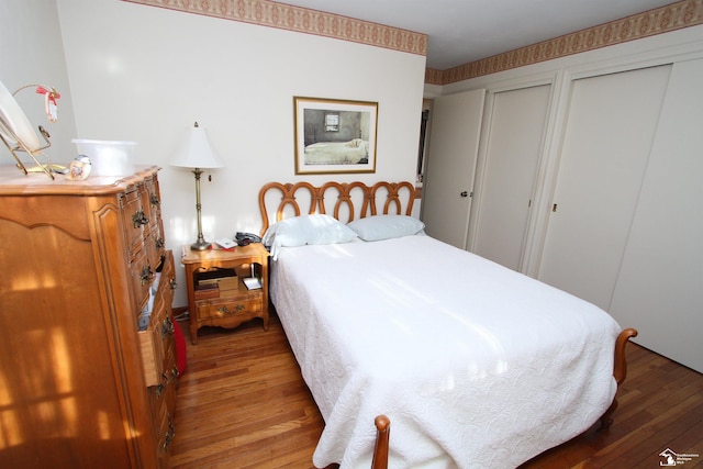 bedroom with two closets and wood finished floors