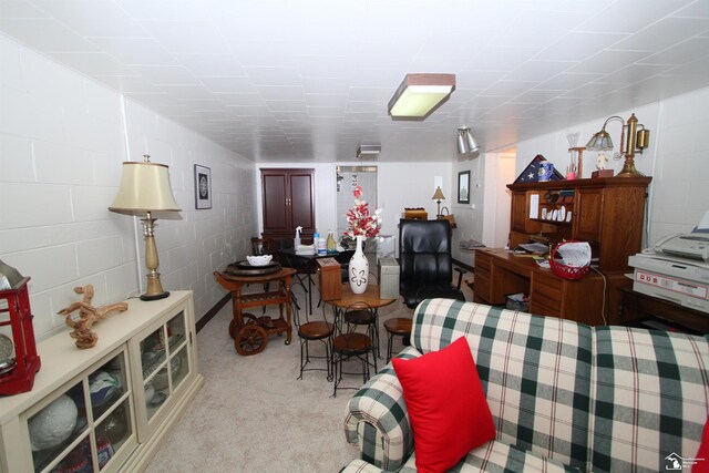 living area featuring light carpet and concrete block wall