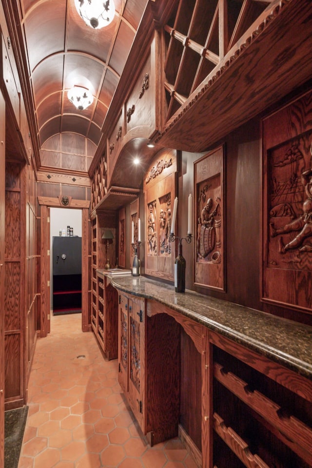 wine cellar featuring vaulted ceiling