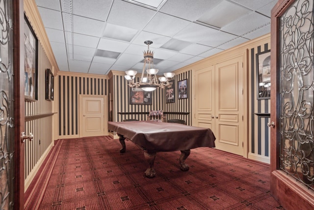 rec room featuring a chandelier, billiards, and a paneled ceiling