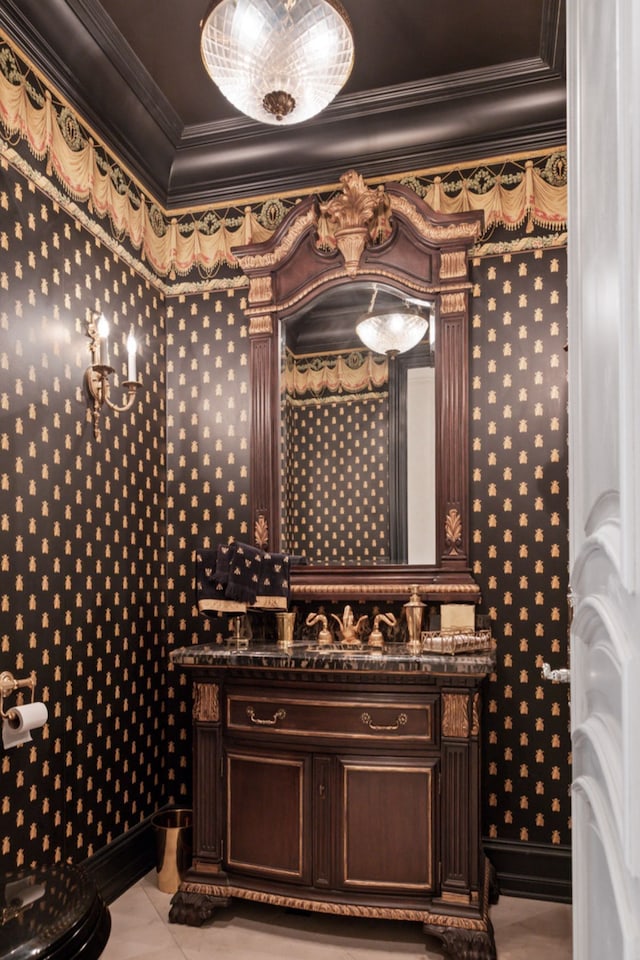 wine room featuring wallpapered walls, crown molding, and a sink