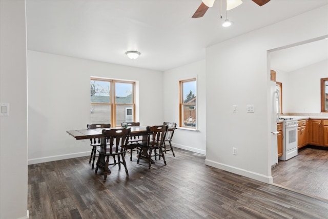 dining room with dark wood finished floors, a ceiling fan, and baseboards