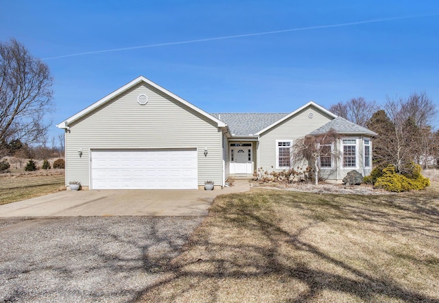 single story home with concrete driveway, an attached garage, a front lawn, and a shingled roof