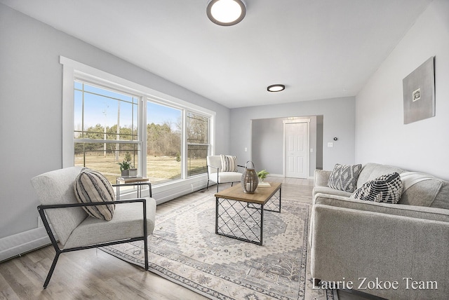 living area featuring baseboards and wood finished floors