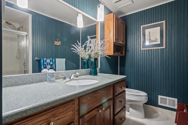 bathroom featuring tile patterned floors, visible vents, vanity, and a shower stall