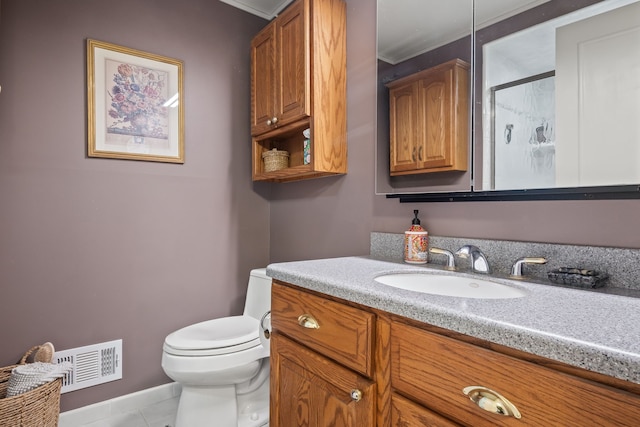 bathroom featuring visible vents, an enclosed shower, toilet, tile patterned flooring, and vanity