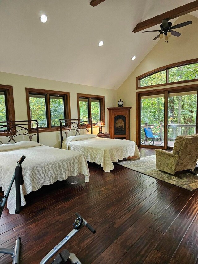 bedroom with access to exterior, beamed ceiling, recessed lighting, high vaulted ceiling, and wood-type flooring