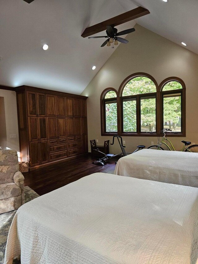 bedroom featuring beamed ceiling, high vaulted ceiling, recessed lighting, ceiling fan, and dark wood-style flooring