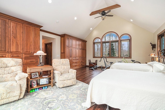bedroom featuring high vaulted ceiling, dark wood-style flooring, a ceiling fan, and recessed lighting