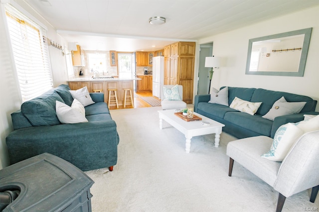 living area featuring light colored carpet