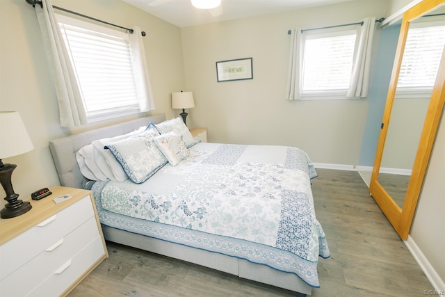 bedroom featuring multiple windows, baseboards, and wood finished floors