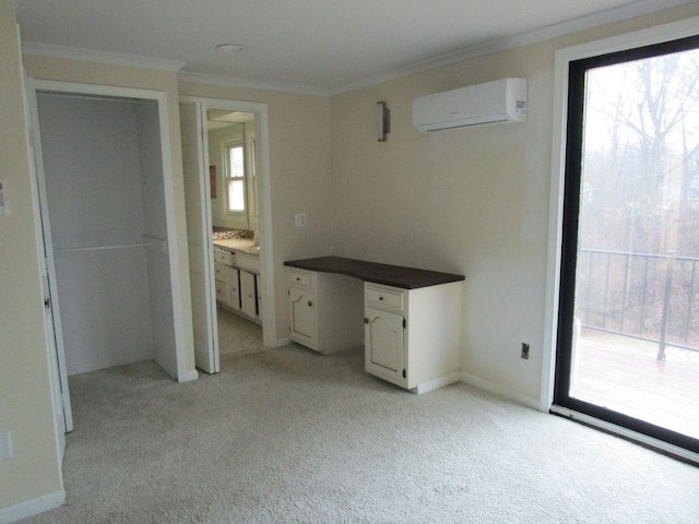 unfurnished bedroom with baseboards, light colored carpet, a wall mounted air conditioner, ornamental molding, and access to outside