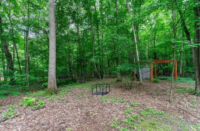 view of yard featuring a forest view