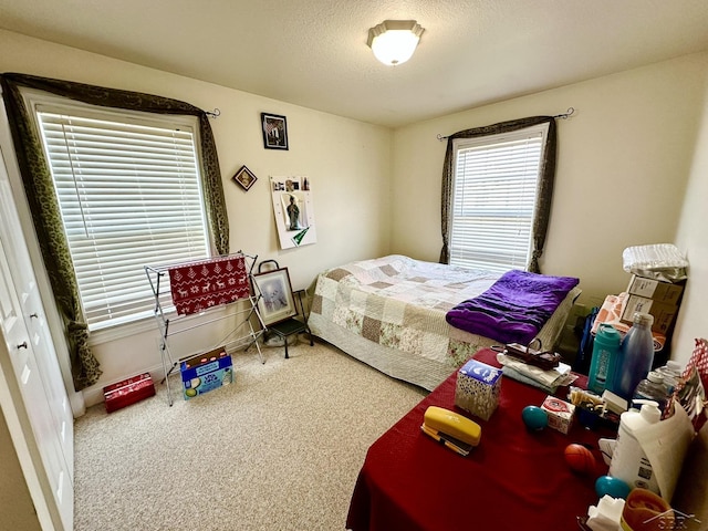 carpeted bedroom with baseboards and a textured ceiling