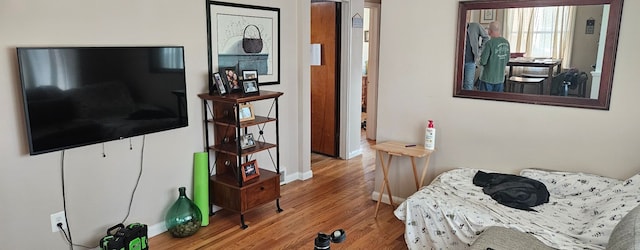 bedroom with baseboards and wood finished floors