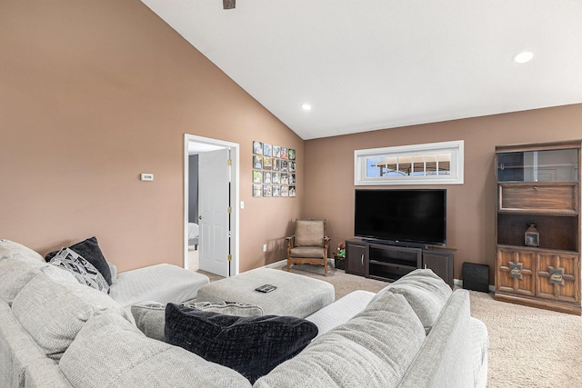 carpeted living room featuring recessed lighting, baseboards, and high vaulted ceiling