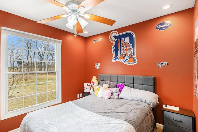 bedroom featuring recessed lighting and ceiling fan