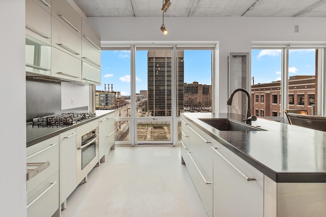 kitchen featuring a view of city, a sink, plenty of natural light, dark countertops, and stainless steel appliances