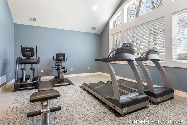 workout room with lofted ceiling, baseboards, and visible vents