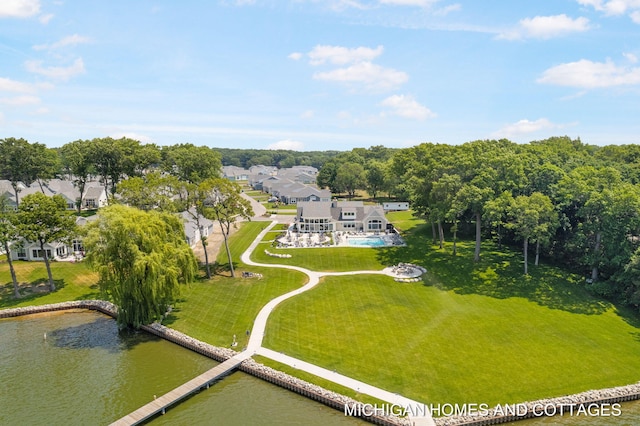 aerial view with a water view and a residential view