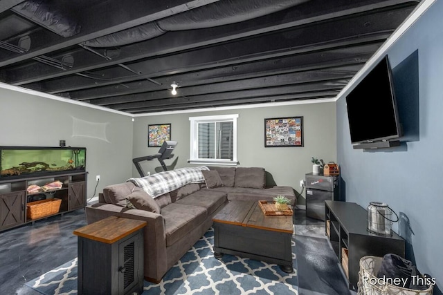 living room with concrete flooring