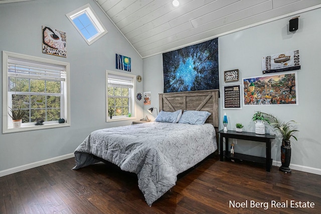 bedroom featuring high vaulted ceiling, hardwood / wood-style flooring, a skylight, wooden ceiling, and baseboards