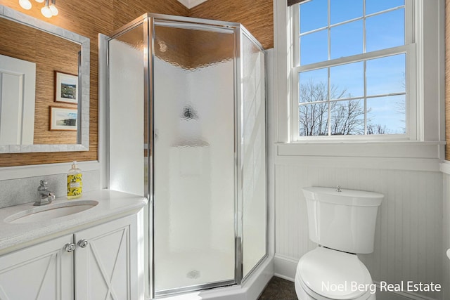 bathroom featuring a stall shower, toilet, and vanity