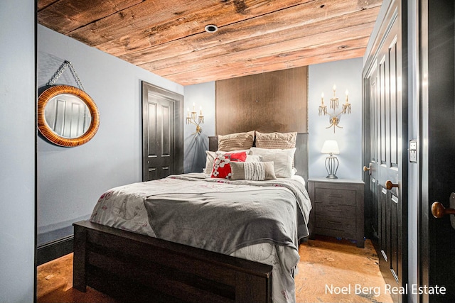 bedroom with wood ceiling