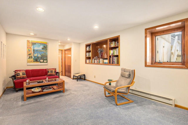 carpeted living area featuring recessed lighting, a baseboard radiator, and baseboards