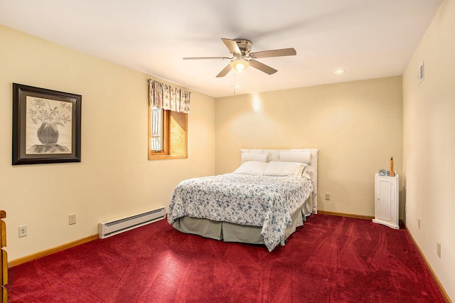 bedroom featuring a ceiling fan, baseboards, baseboard heating, and carpet flooring