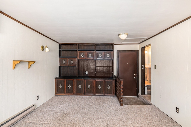 unfurnished living room featuring ornamental molding, carpet, and a baseboard radiator