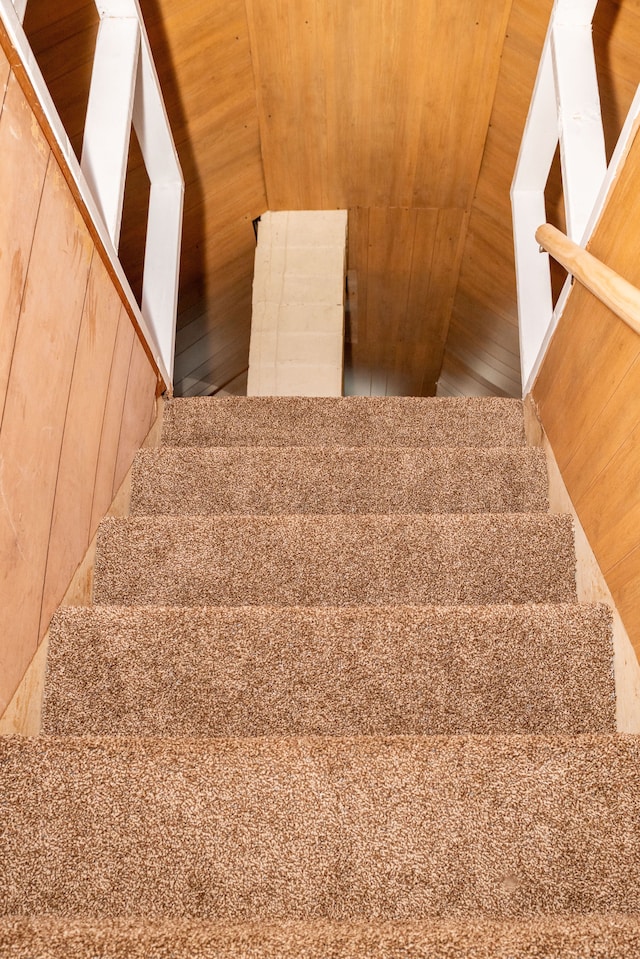 stairway with wooden walls