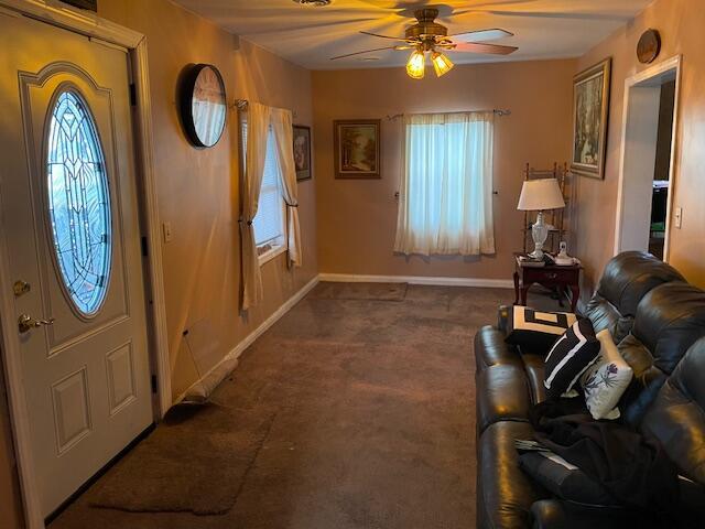 entrance foyer with plenty of natural light, baseboards, and a ceiling fan