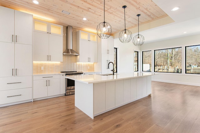 1 N Bailey Ave # 1, South Haven, MI 49090 - kitchen featuring stainless steel electric range, wall chimney range hood, a sink, wooden ceiling, and recessed lighting