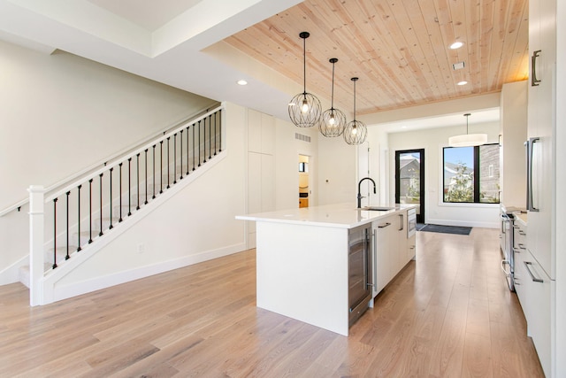 1 N Bailey Ave # 1, South Haven, MI 49090 - kitchen with wooden ceiling, recessed lighting, a sink, light wood-style flooring, and wine cooler