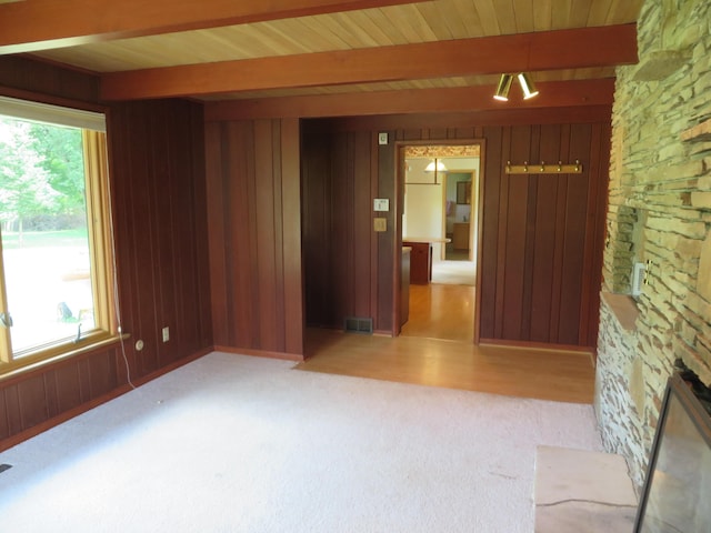 empty room featuring beamed ceiling, plenty of natural light, and wood walls