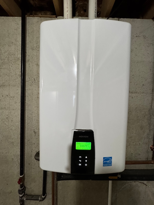 details featuring tankless water heater