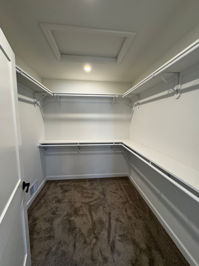 spacious closet with visible vents, attic access, and dark carpet