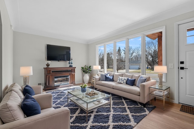 living room with a glass covered fireplace, baseboards, wood finished floors, and crown molding